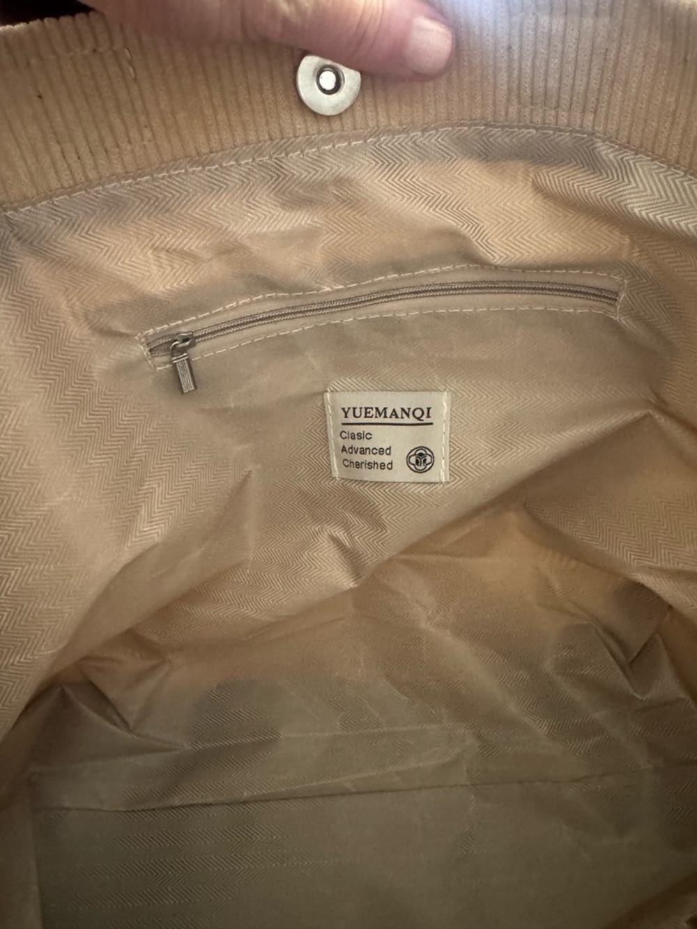 Beige Corduroy Tote Bag with Brown Handles - Picture 2 of 2